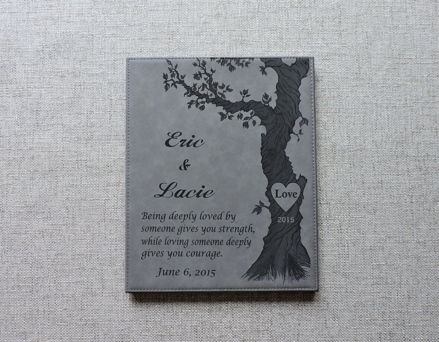 Gray Leather Anniversary Personalized Poem- Wall Decor- Customized with Names and Wedding Date ( and heart on the tree)
