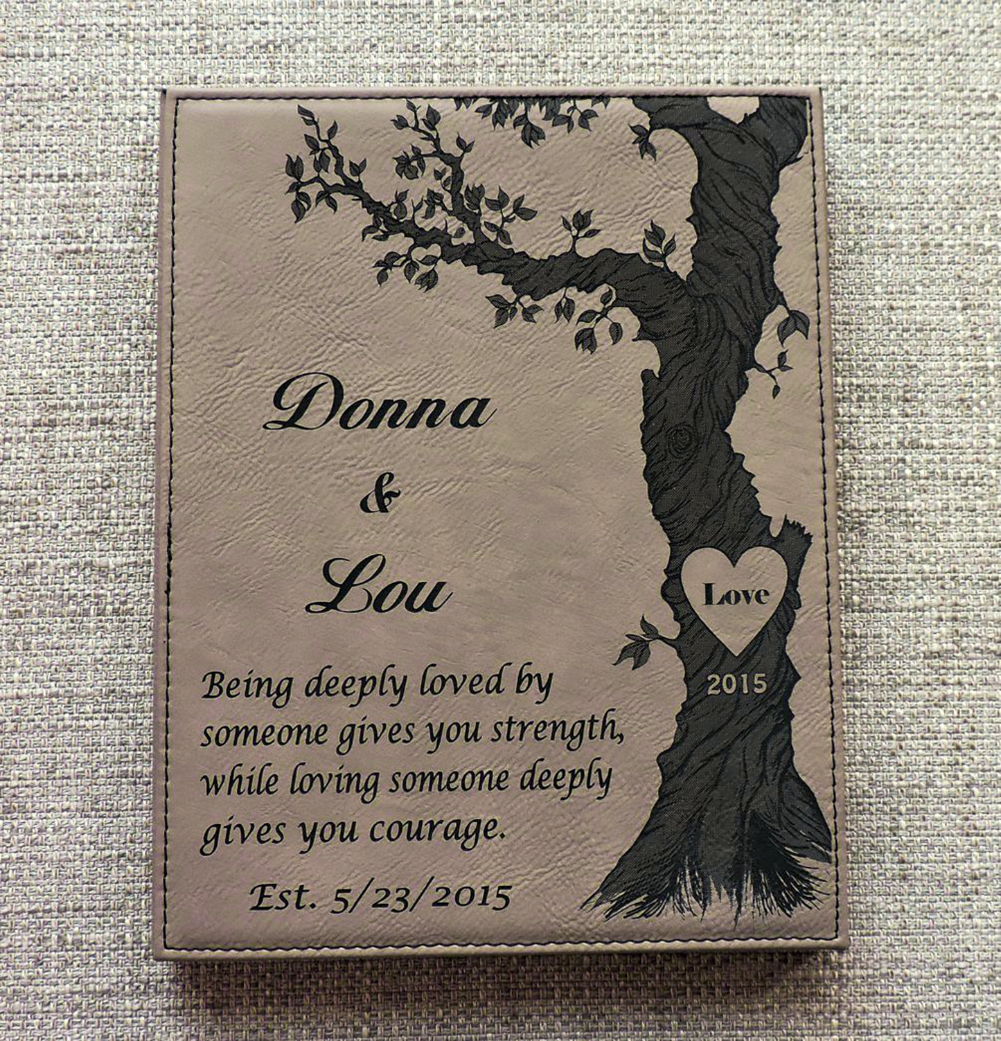 Gray Leather Anniversary Personalized Poem- Wall Decor- Customized with Names and Wedding Date ( and heart on the tree)
