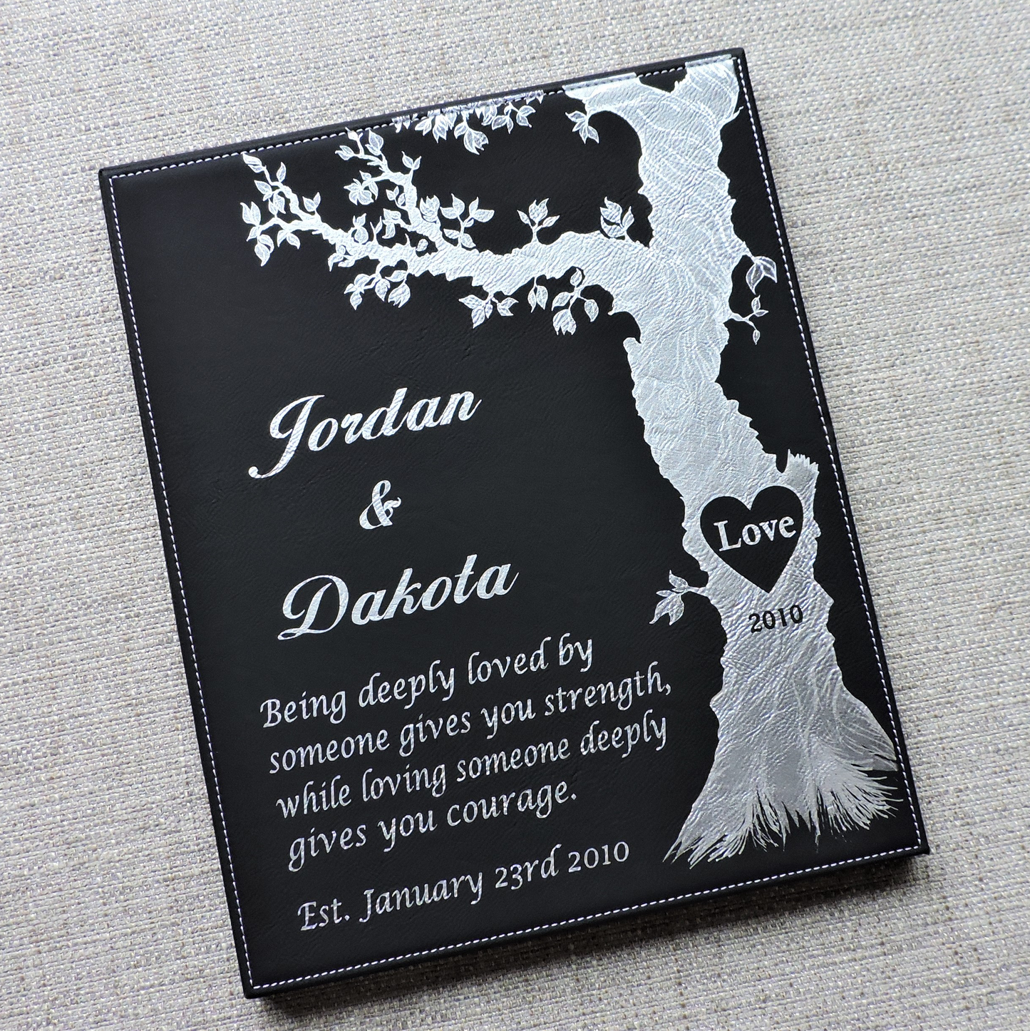 Gray Leather Anniversary Personalized Poem- Wall Decor- Customized with Names and Wedding Date ( and heart on the tree)