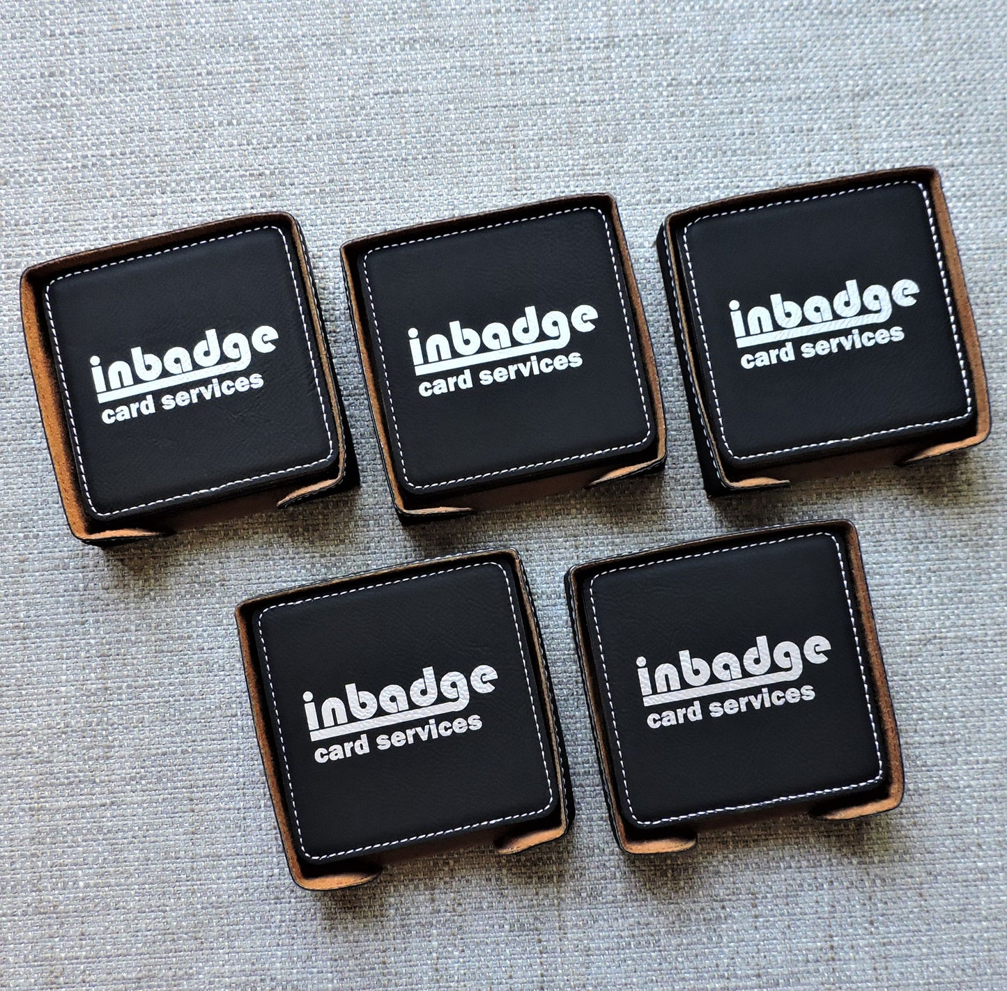 Gray Leather drink Coasters wtih Logo monogram, custom set of coasters with logo laser printed/engraved/personalized