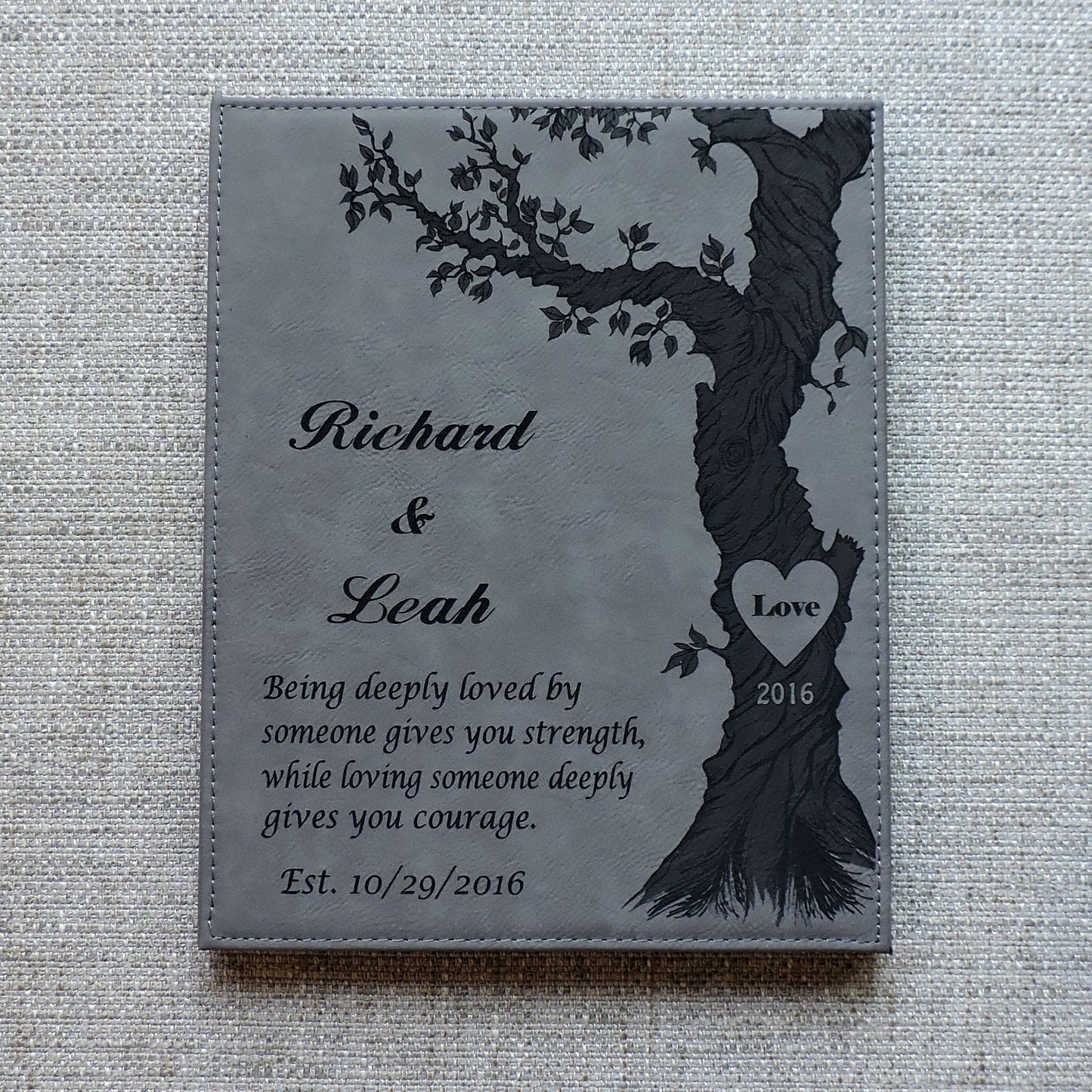 Gray Leather Anniversary Personalized Poem- Wall Decor- Customized with Names and Wedding Date ( and heart on the tree)