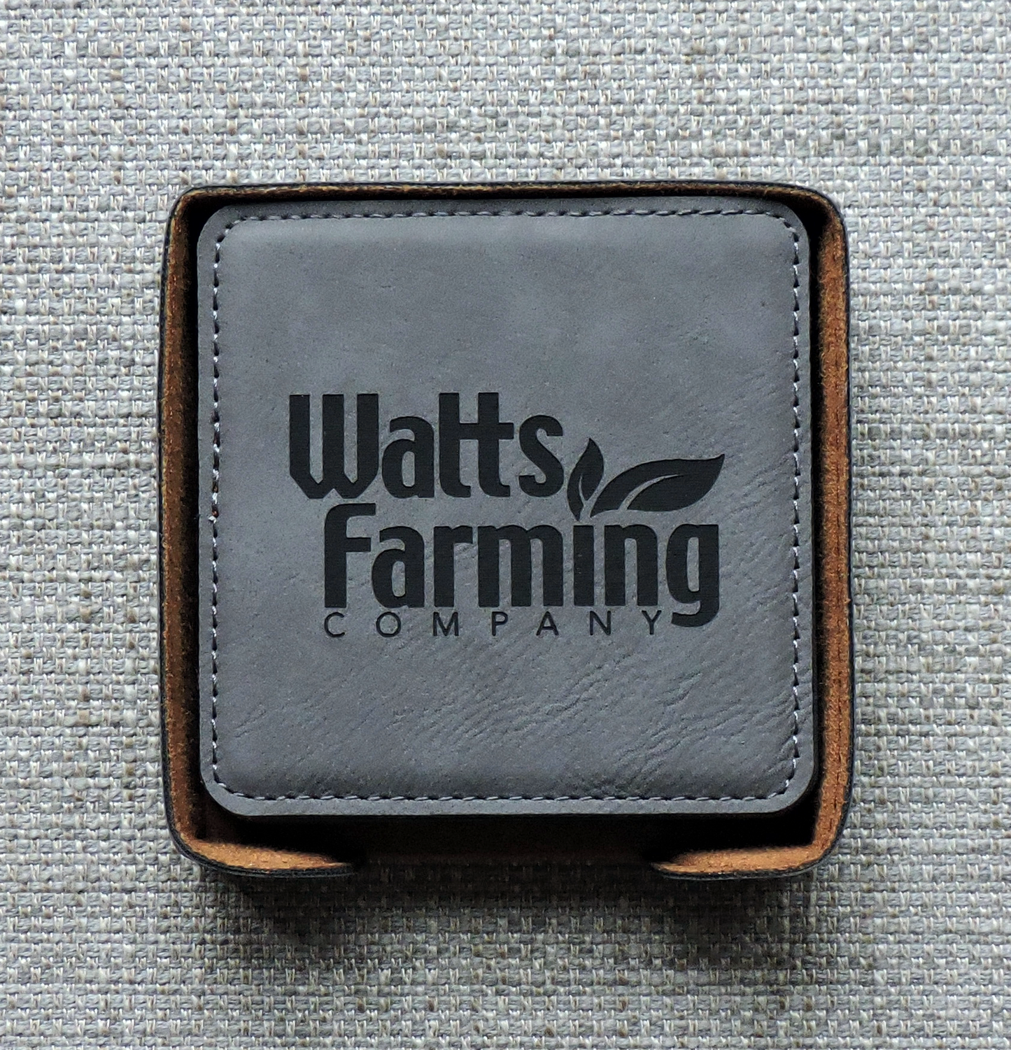 Gray Leather drink Coasters wtih Logo monogram, custom set of coasters with logo laser printed/engraved/personalized