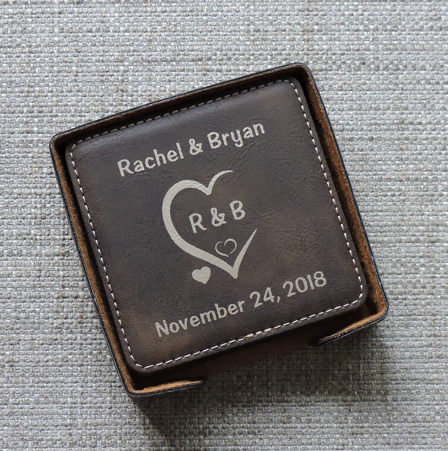 Coasters Personalized with Initials Carved in Heart and Wedding Anniversary Date- by Forever Me Gifts