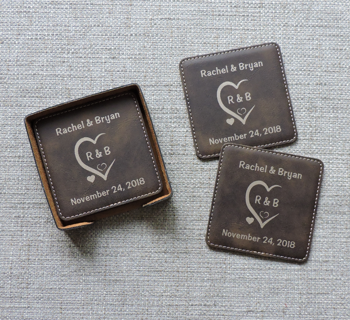 Coasters Personalized with Initials Carved in Heart and Wedding Anniversary Date- by Forever Me Gifts