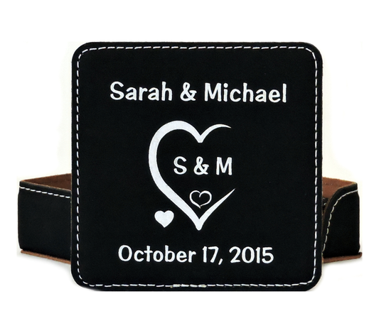 Coasters Personalized with Initials Carved in Heart and Wedding Anniversary Date- by Forever Me Gifts